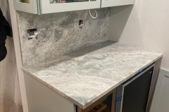 Kitchen Counter Quartz Countertops with Full Waterfall Buildup and Backsplash in Manhattan, NYC