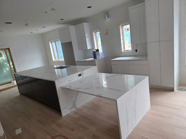 Modern Kitchen Island Calacatta Infinity Quartz by Reliance Marble in Palisades Park, NJ